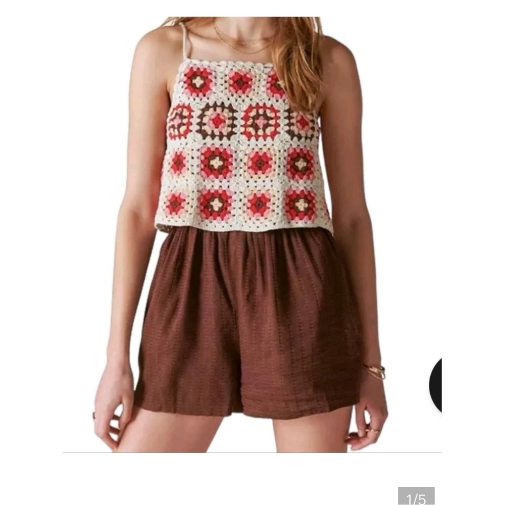 NWT Lucky Brand L Crochet Granny Square‎ Romper Boho Brown Pink Tie Back Pockets